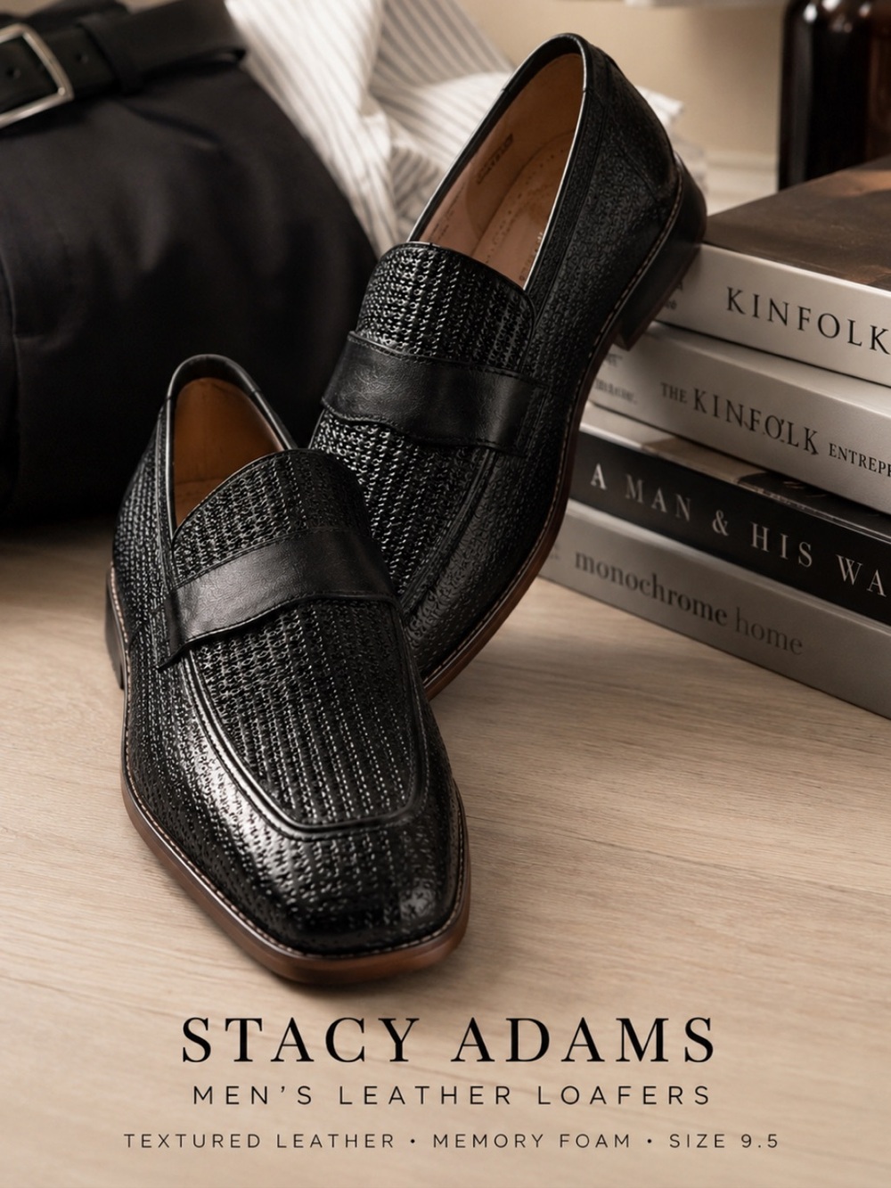 Stacy Adams Black Embossed Leather Loafers Vintage Dad Shoe Y2K 9.5